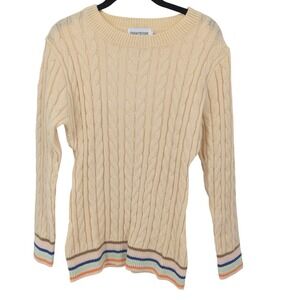 OXKNITSTORE Sweater Women Small Cream Cable Knit Stripe Soft Thick Warm Pullover
